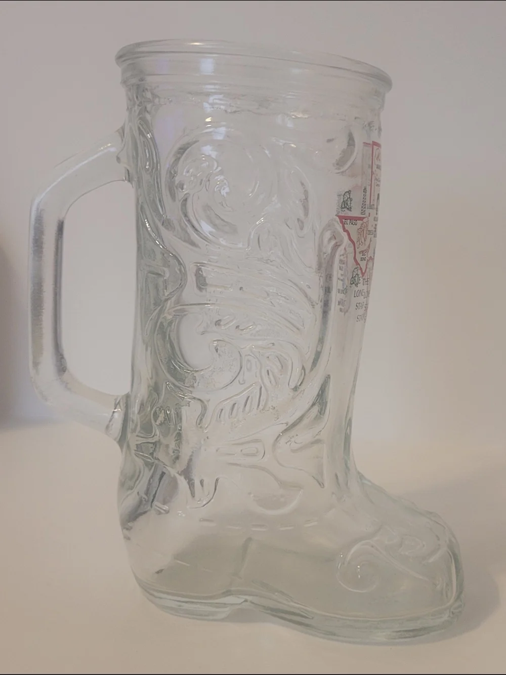Vintage Clear Glass Texas Cowboy Boot Mug Beer Stein Map Graphic Lone Star State